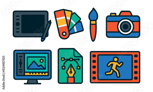 Flat vector icons of digital creativity tools: graphic tablet, color palette, paintbrush, pencil, camera, editing software, vector file, animation frame.