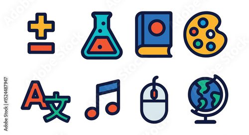 Flat vector icons of education subjects: math symbols, science flask, history book, art palette, language letters, music notes, computer mouse, geography globe.
