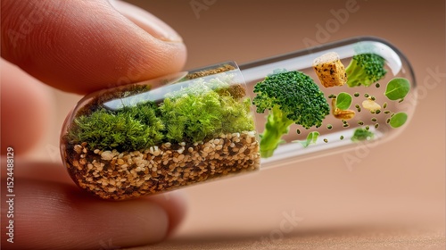 A hand holds a transparent vitamin capsule filled with miniature green plants, including broccoli and moss, symbolizing health and nature herbal.
