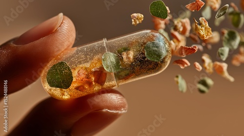 A hand holds a transparent capsule filled with herbal ingredients. Small pieces of herbs and leaves are scattered around, emphasizing natural health and wellness.