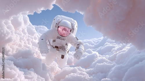 An astronaut in a white space suit floats among fluffy clouds. The scene captures a serene sky with soft, pastel colors and a sense of exploration.