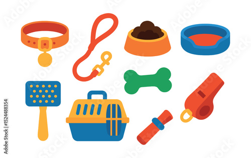 Flat vector icons of pet accessories: collar, leash, food bowl, pet bed, grooming brush, pet carrier, chew toy, training whistle.