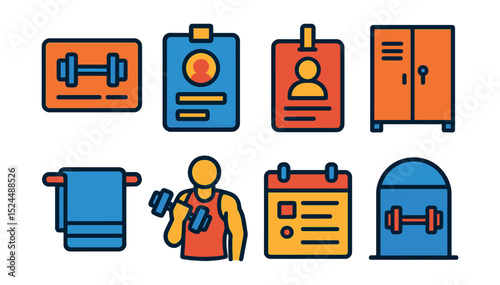 Flat vector icons of gym membership: membership card, sign-up form, ID badge, locker, towel service, personal trainer, class schedule, gym entrance.