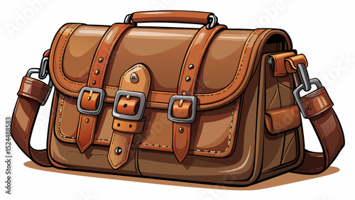 Classic brown leather messenger bag with flap closure and metal buckles. Close-up highlights texture and stitching. Clean white background enhances its urban, professional appeal in vector illustratio