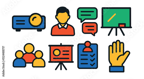 Flat vector icons of virtual classrooms: projector, teacher avatar, chat window, whiteboard, student group, presentation slide, attendance sheet, hand raise icon.
