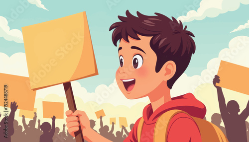 Enthusiastic teen holding protest sign with crowd in background, activism