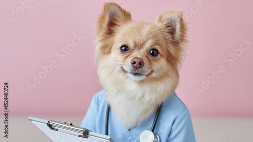 A small, fluffy Pomeranian doctor dog wearing a blue veterinary coat holds a clipboard. Pet health, care clinic, veterinary medical helps