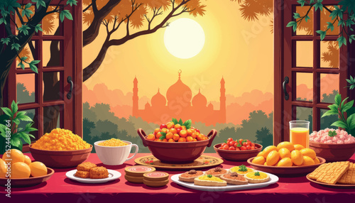 Traditional Eid feast with sunset view through windows, celebration of togetherness