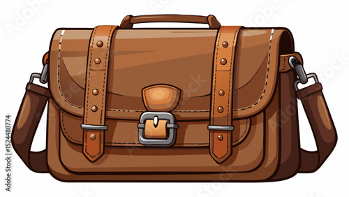 Classic brown leather messenger bag with flap closure and metal buckles. Close-up highlights texture and stitching. Clean white background enhances its urban, professional appeal in vector illustratio
