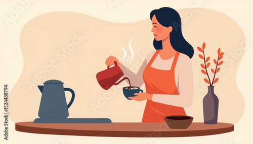 Joyful woman pouring hot cocoa in cozy kitchen, warmth and comfort