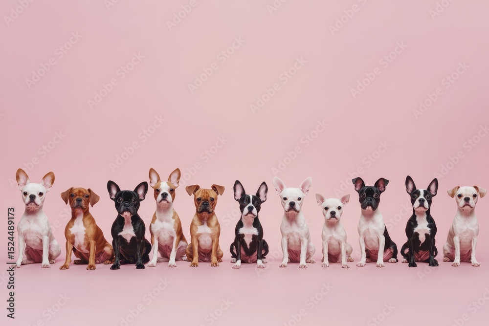 Fototapeta premium Adorable french bulldogs sitting against pink backdrop