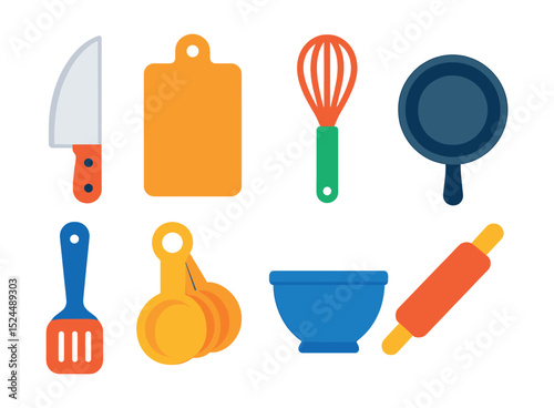 Flat vector icons of culinary tools: chef’s knife, cutting board, whisk, frying pan, spatula, measuring cups, mixing bowl, rolling pin.
