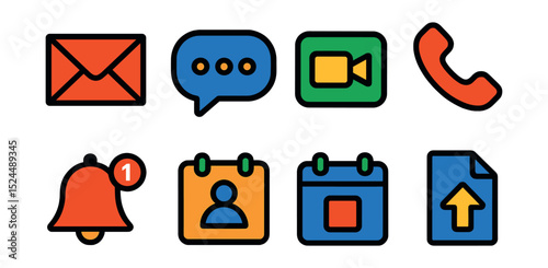 Flat vector icons of digital communication: email, chat bubble, video call, phone call, notification, contact book, calendar invite, file sharing.