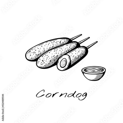 Vector illustration of classic corndogs with dipping sauce. Handdrawn black and white engraving style. Perfect for street food menus and snack-themed designs.
