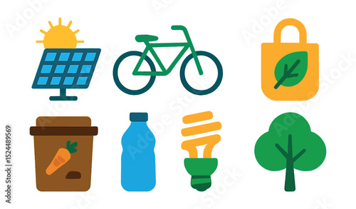 Flat vector icons of eco lifestyle: solar panel, bicycle, recycling bin, reusable bag, compost bin, water bottle, energy-saving bulb, tree.