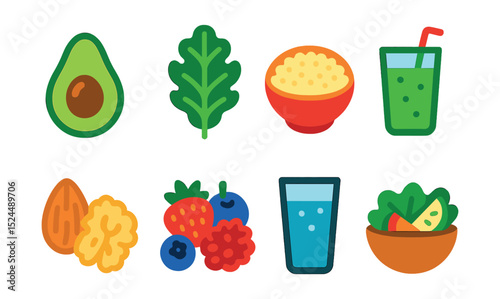 Flat vector icons of healthy eating: avocado, kale leaf, quinoa bowl, smoothie, nuts, fresh berries, water glass, salad.