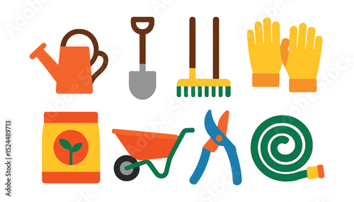 Flat vector icons of gardening essentials: watering can, shovel, rake, gardening gloves, seed packet, wheelbarrow, pruning shears, garden hose.