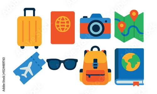 Flat vector icons of travel essentials: suitcase, passport, camera, map, airplane ticket, sunglasses, backpack, travel guidebook.