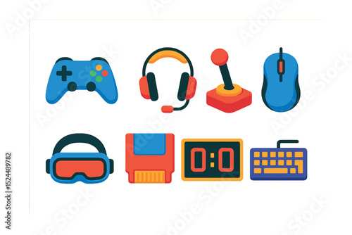 Flat vector icons of gaming accessories: game controller, headset, joystick, gaming mouse, VR headset, game cartridge, scoreboard, keyboard.