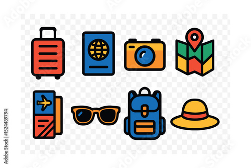 Flat vector icons of travel essentials: suitcase, passport, camera, map, travel ticket, sunglasses, backpack, sunhat.