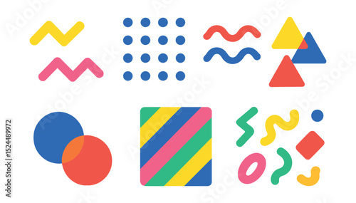 Flat vector icons of Memphis design elements: playful zigzags, dotted patterns, wavy lines, colorful triangles, overlapping circles, retro stripes, funky shapes, abstract confetti.