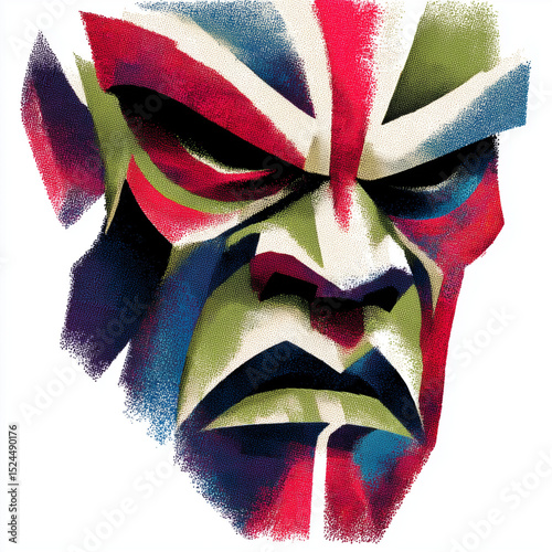 Stylized tribal warrior mask illustration in vibrant colors and modern art style