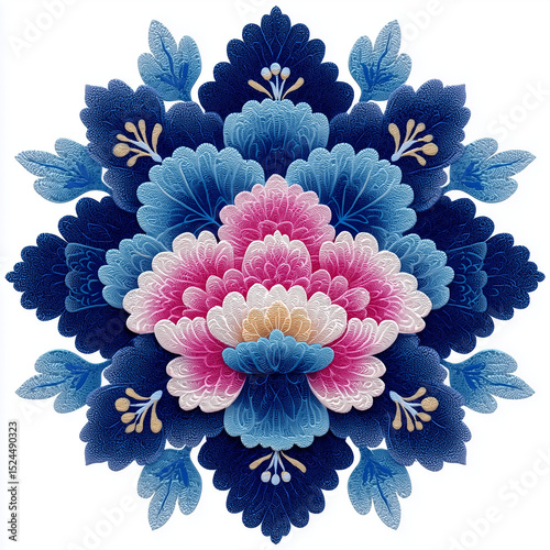 Floral mandala design with blue and pink flowers on dark background  
