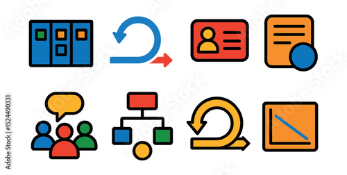 Flat vector icons of agile management: scrum board, sprint cycle, user story card, backlog icon, standup meeting, agile flowchart, iteration loop, burndown chart.