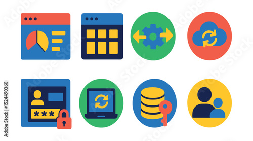 Flat vector icons of enterprise software: CRM dashboard, ERP system, API integration, cloud sync, SaaS login, software update, database access, user roles.