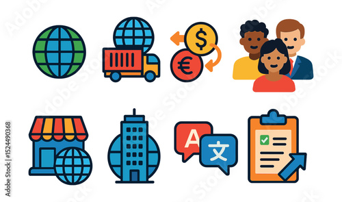 Flat vector icons of global business: globe icon, international shipping, currency exchange, multicultural team, foreign market, global office, translation service, export form.