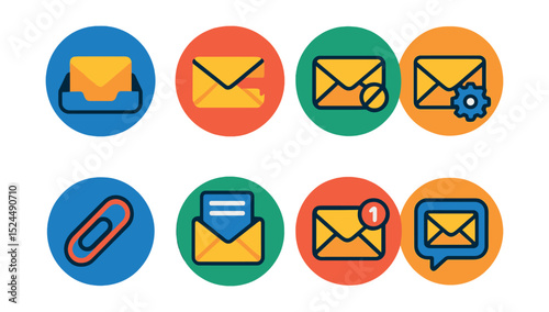 Flat vector icons of email and messaging in circular style: inbox tray, sent mail, spam folder, mail settings, attachment icon, draft message, unread badge, email signature.