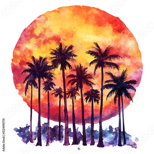 Sunset Silhouettes Palm Trees, watercolor drawing vector, high quality, isolated on a white background.