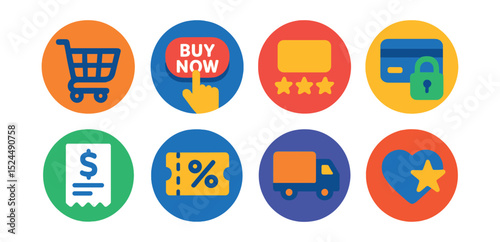 Flat vector icons of online shopping in circular style: shopping cart, buy now button, product review, secure payment, digital receipt, promo code, delivery truck, wishlist star.