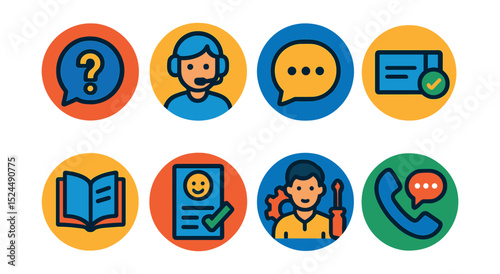Flat vector icons of internet support tools in circular style: FAQ icon, help desk, live chat, support ticket, knowledge base, feedback form, troubleshooting, contact support.