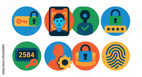Flat vector icons of digital identity protection in circular style: encrypted login, biometric scan, secure password, OTP icon, identity vault, privacy settings, data lock, digital fingerprint.