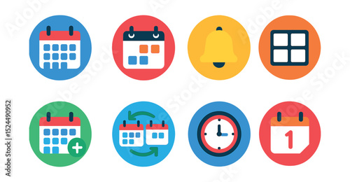 Flat vector icons of digital calendar tools in circular style: monthly calendar, event icon, reminder bell, schedule grid, add event, sync calendar, time slot, date picker.