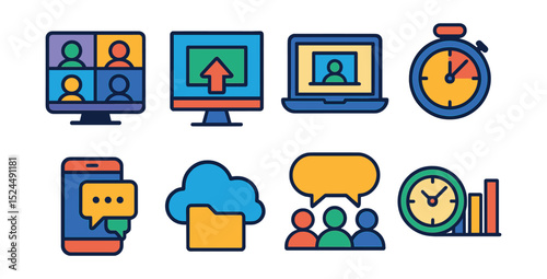 Flat vector icons of remote work essentials: video conference, screen share, remote desktop, productivity timer, team chat, cloud workspace, daily stand-up, time tracker.