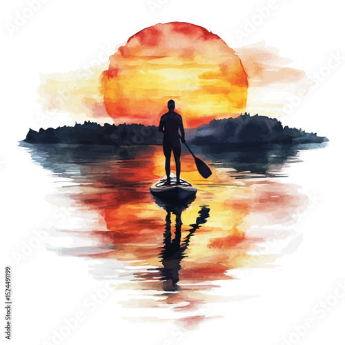 Sunset Paddleboarding Quiet Lake, watercolor illustration vector, high quality, isolated on a white background.