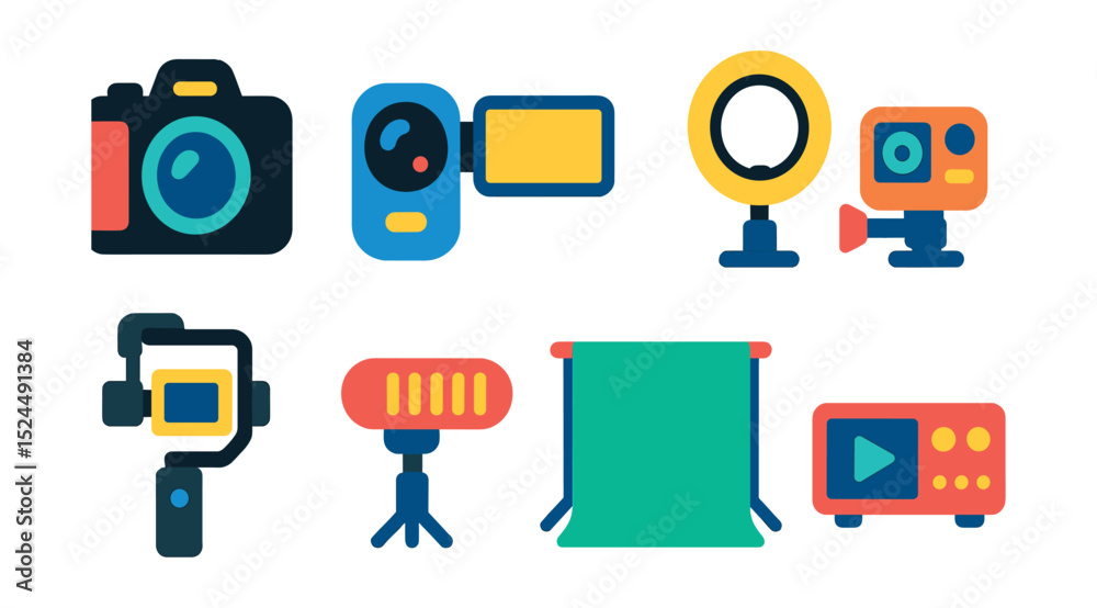 Flat vector icons of video tech gear: DSLR camera, video recorder, action cam, ring light, camera gimbal, video mic, green screen, streaming encoder.