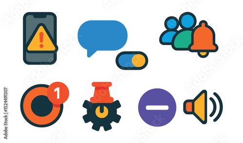 Flat vector icons of mobile notifications: app alert, SMS bubble, notification toggle, group chat alert, unread badge, push settings, DND mode, sound alert.
