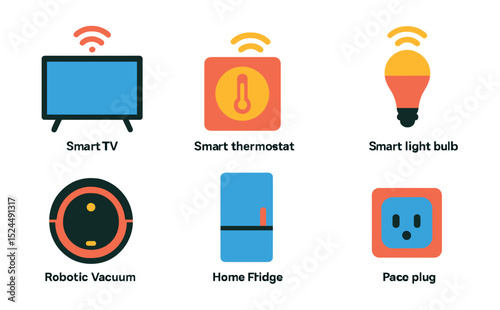 Flat vector icons of home technology: smart TV, smart thermostat, smart speaker, smart light bulb, robotic vacuum, smart fridge, home assistant hub, smart plug.