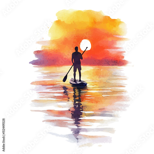 Sunset Paddleboarding Quiet Lake, watercolor painting vector, high quality, isolated on a white background.