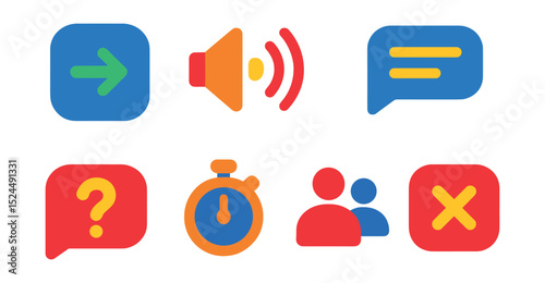 Flat vector icons of webinar features: join session, speaker icon, slide share, chat panel, question submission, webinar timer, attendee count, exit button.