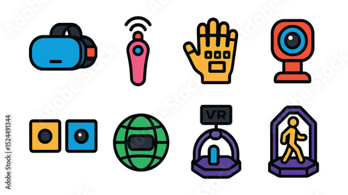 Flat vector icons of virtual reality equipment: VR headset, motion controller, VR gloves, 360 camera, VR sensors, virtual world, VR treadmill, immersive goggles.