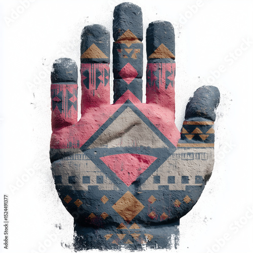 Abstract hand-shaped figure with colorful geometric patterns on a white background  