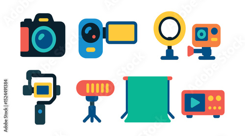 Flat vector icons of video tech gear: DSLR camera, video recorder, action cam, ring light, camera gimbal, video mic, green screen, streaming encoder.