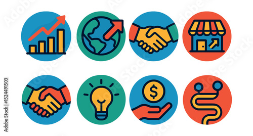 Flat vector icons of business growth tools in circular style: growth chart, market expansion, acquisition icon, new market entry, partnership deal, innovation lightbulb, funding round, growth roadmap