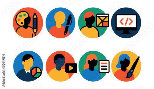 Flat vector icons of creative team roles in circular style: art director, copywriter, UX designer, front-end developer, project manager, motion designer, content strategist, illustrator icon.