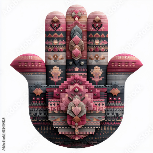 Abstract hand-shaped figure with intricate patterns in vibrant colors  