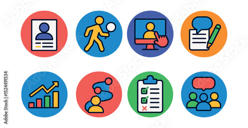 Flat vector icons of UX design research in circular style: user persona, field study icon, usability testing, interview notes, analytics insight, journey visualization, survey icon, focus group.